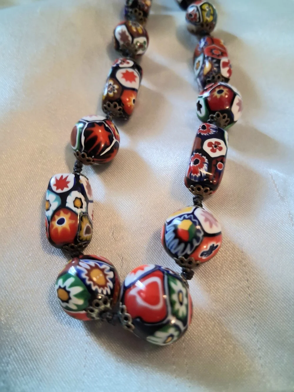 Vtg Handknotted Multicolor Millefiori Glass Bead Necklace - Picture 6 of 11